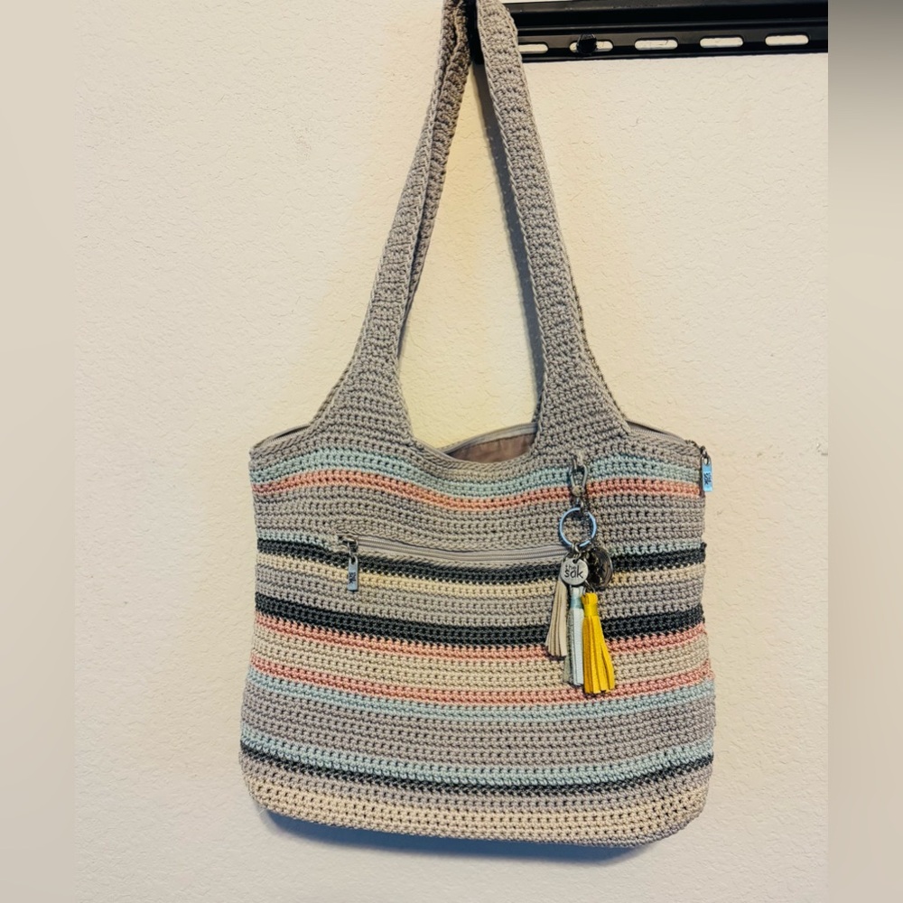 The Sak Gray and Pink Crochet Tote Bag